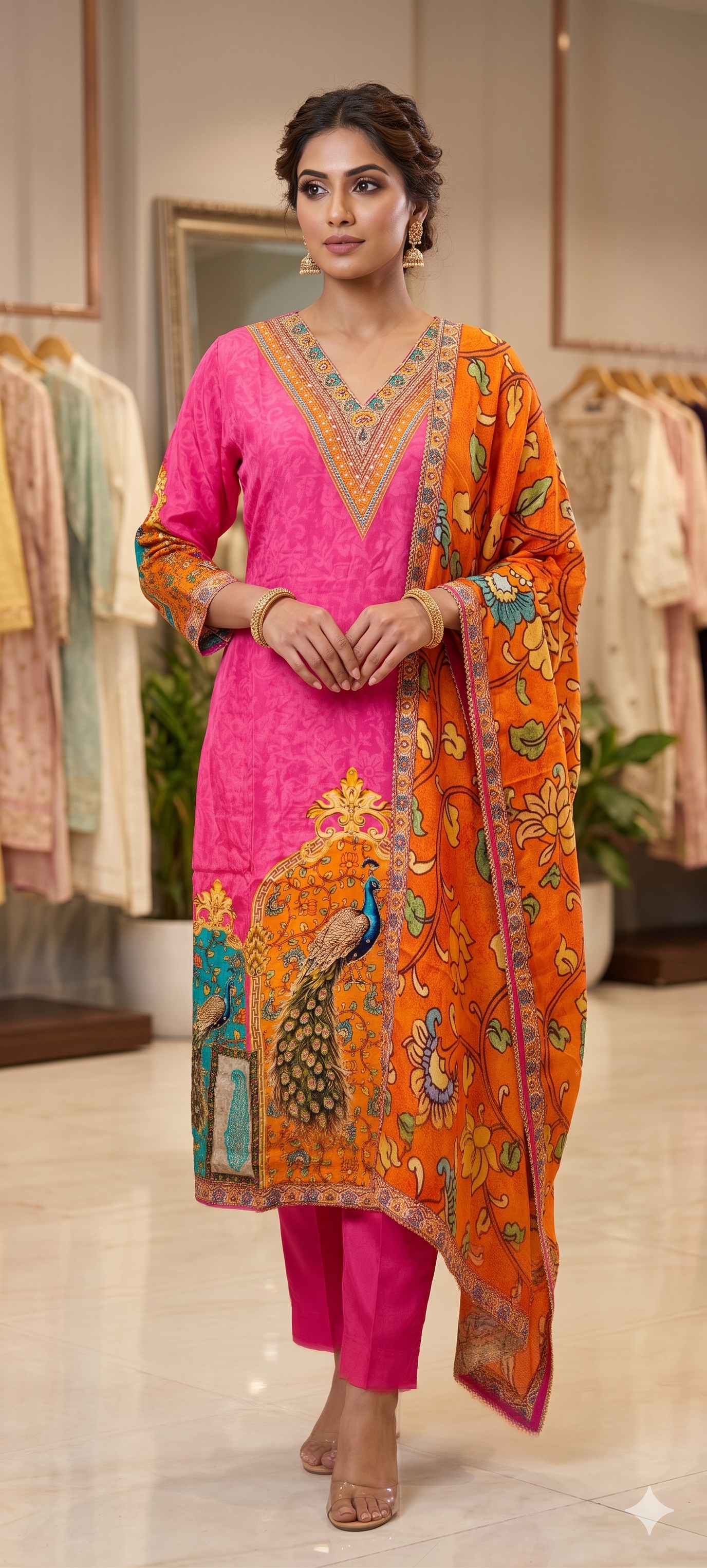 Vibrant Fuschia Elegance Peacock Inspired Digital Print Crepe Full Suit Set With Dupatta