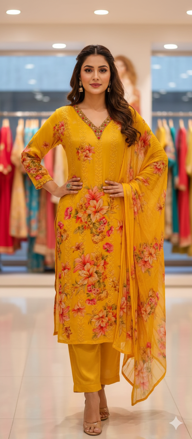 Chikankari Look Floral Print Thread Embroidered Full Suit Set With Dupatta In Georgette Fabric- 11349