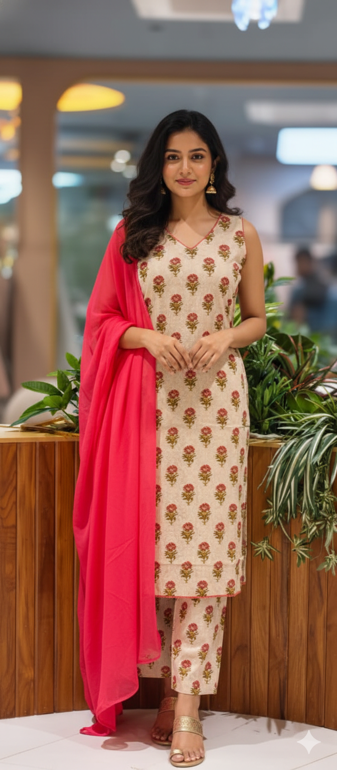 Beautiful Floral Printed Sleeveless Full Suit Set With Solid Dupatta In Cotton Fabric-13433