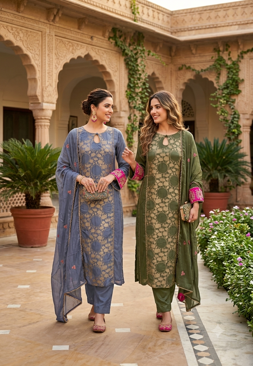 Brocade Touch Lace Detailing Side Panels A-Line Solid Full Suit Set With Dupatta With Pink Contrast- 16092
