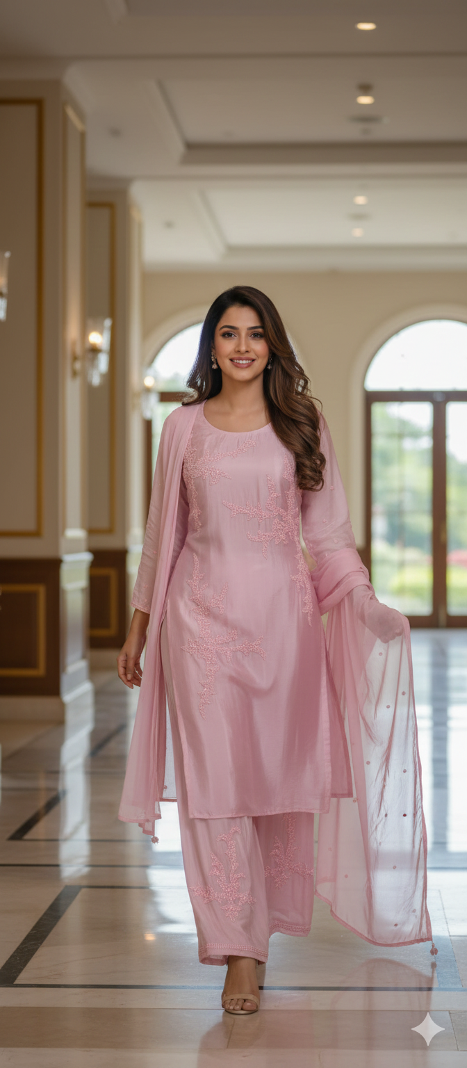 Designer Chinon Fabric Kurta–Palazzo Ensemble Adorned with Intricate Hand Embroidery & Beadwork With Dupatta DRY WASH