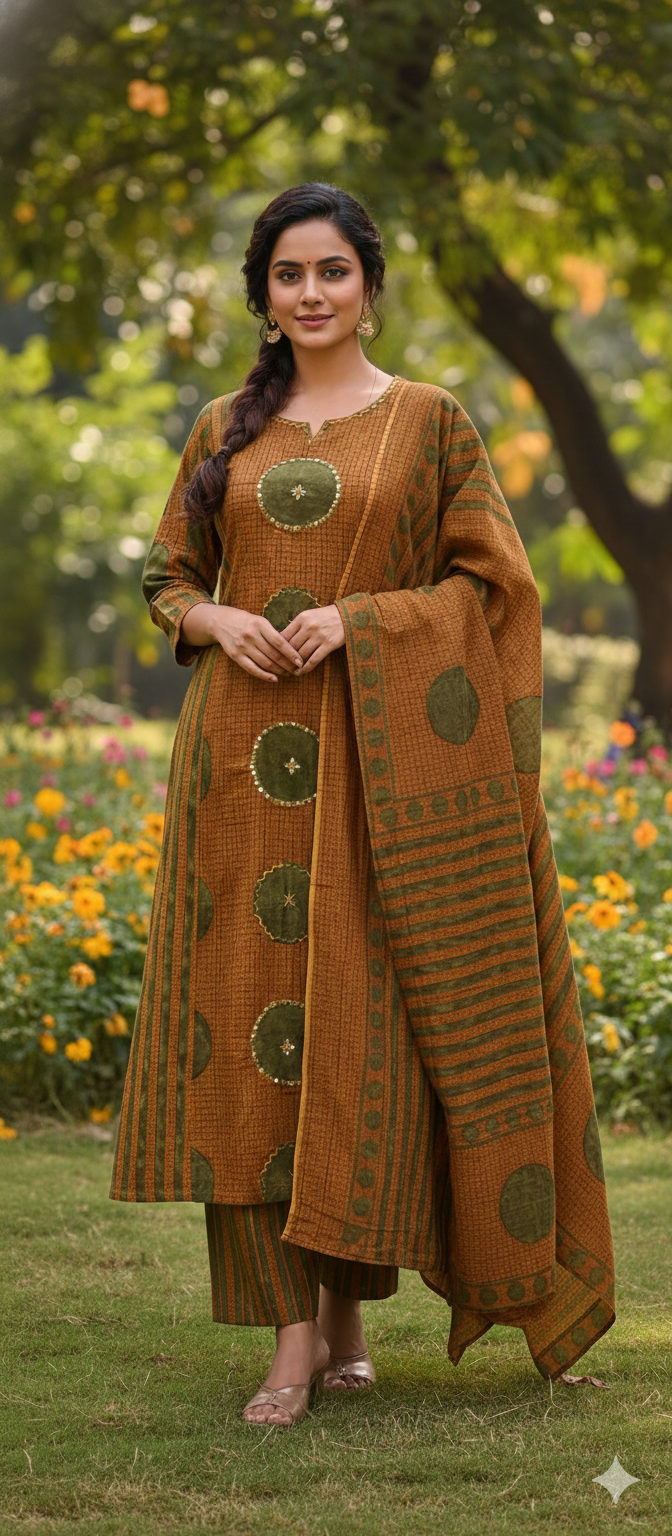 Rounded Work Foil Mirror Highlight Twin Color A-Line Full Suit Set With Dupatta In Cotton Fabric- 13404