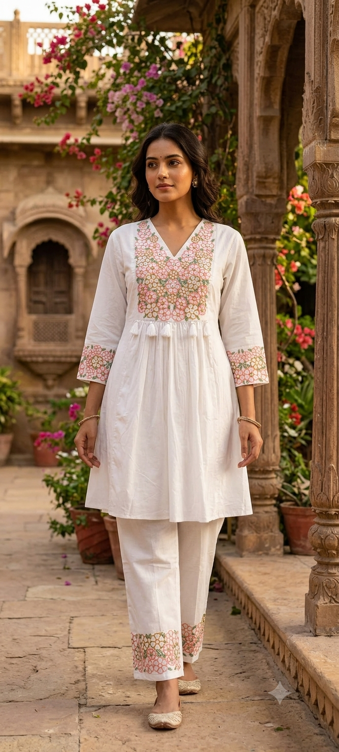 Gathered Daisy Floral Embroidered Yoke Peplum Kurta With Loose Bottom Set In Cotton Fabric- 15483