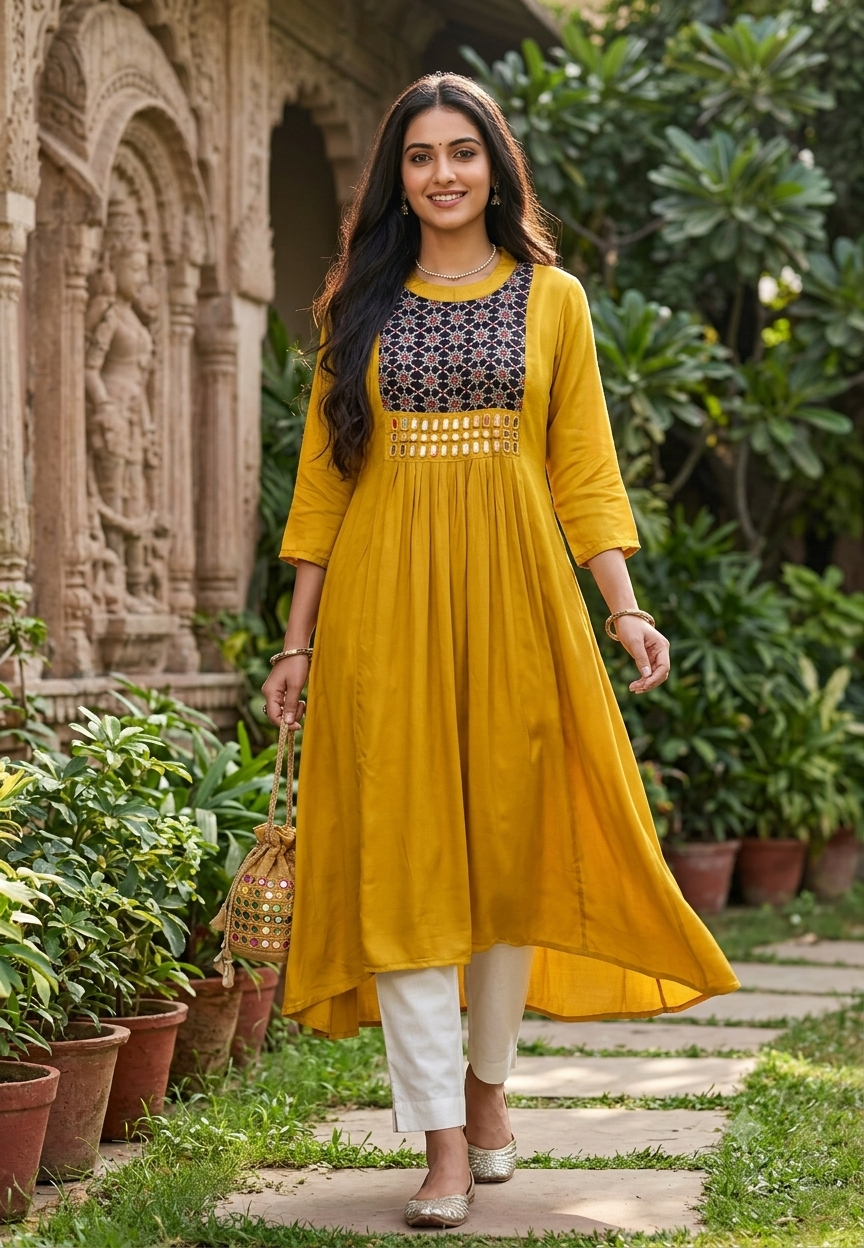 Stylish Modal Satin Kalamkari Patch Yoke With Real Mirror Work Ankle Length Frock Only-16652