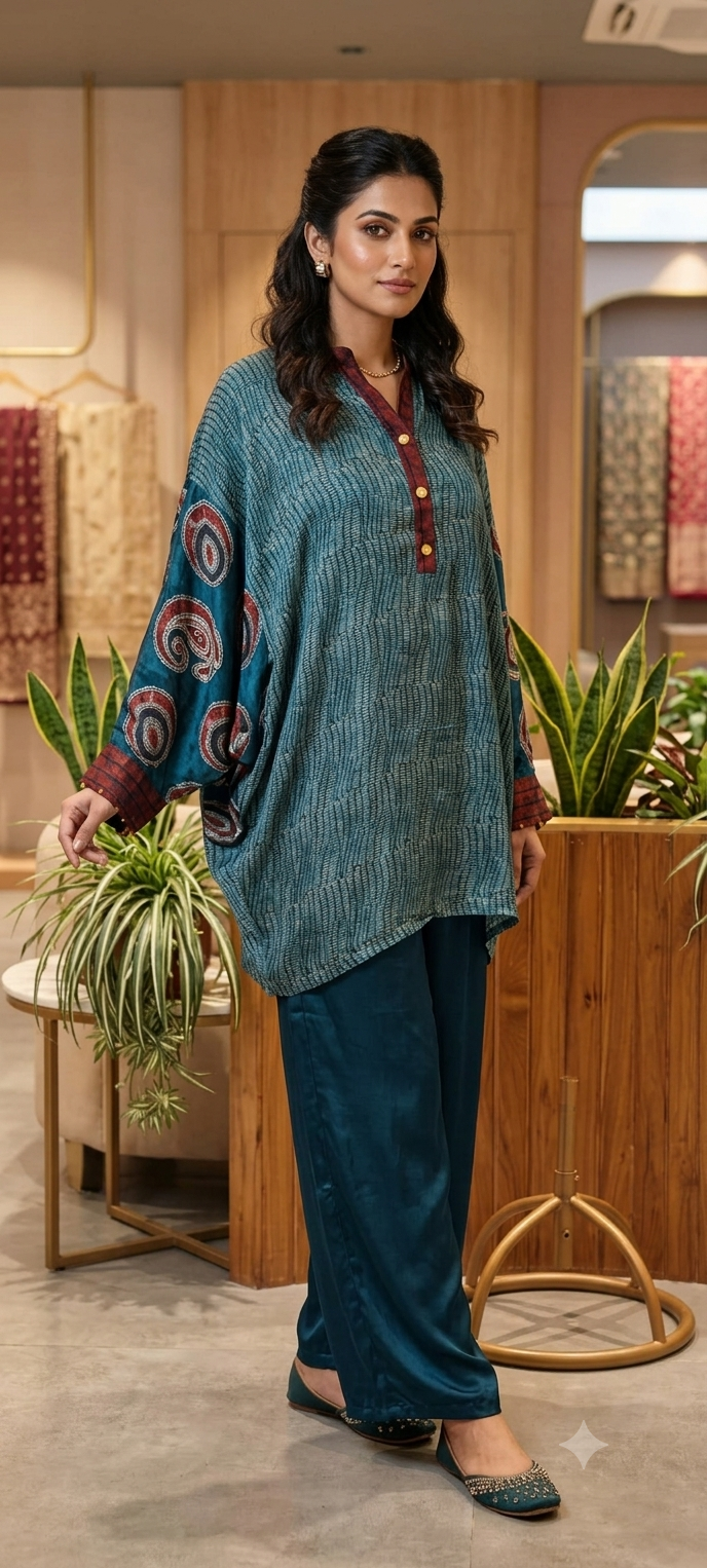 Oversized Abstract Linear Print Unqiue Look Kaftan Style Pure Crepe Co-Ord Set- 15632