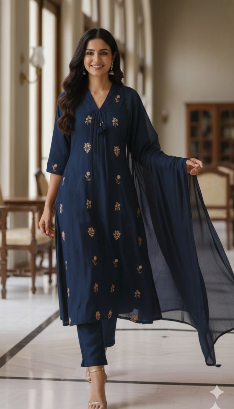 Premium Hand-Embroidered Aline Mul Cotton Kurta Pant Full Set With Tassel Detailing and Dupatta-12614,12615