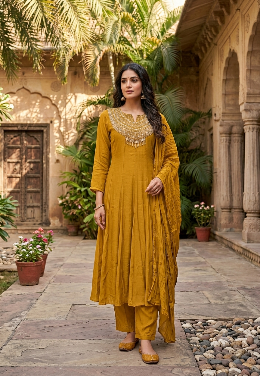 Banarasi Mul-Chanderi Crystal Tassels Zardosi Embroidered A-Line Full Suit Set With Dupatta- 16641