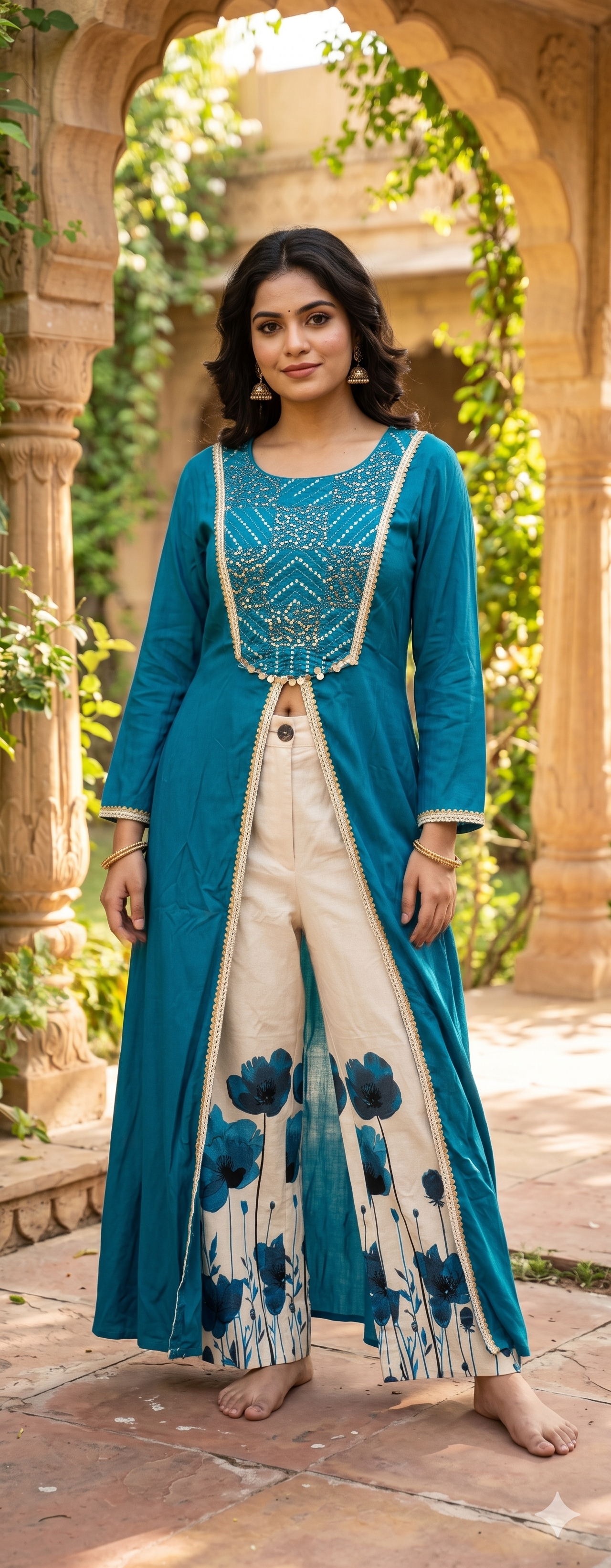 Stylish Indo Style Front Slitted Long Solid Slub Cotton Kurta With Floral Printed Palazzo Bottom