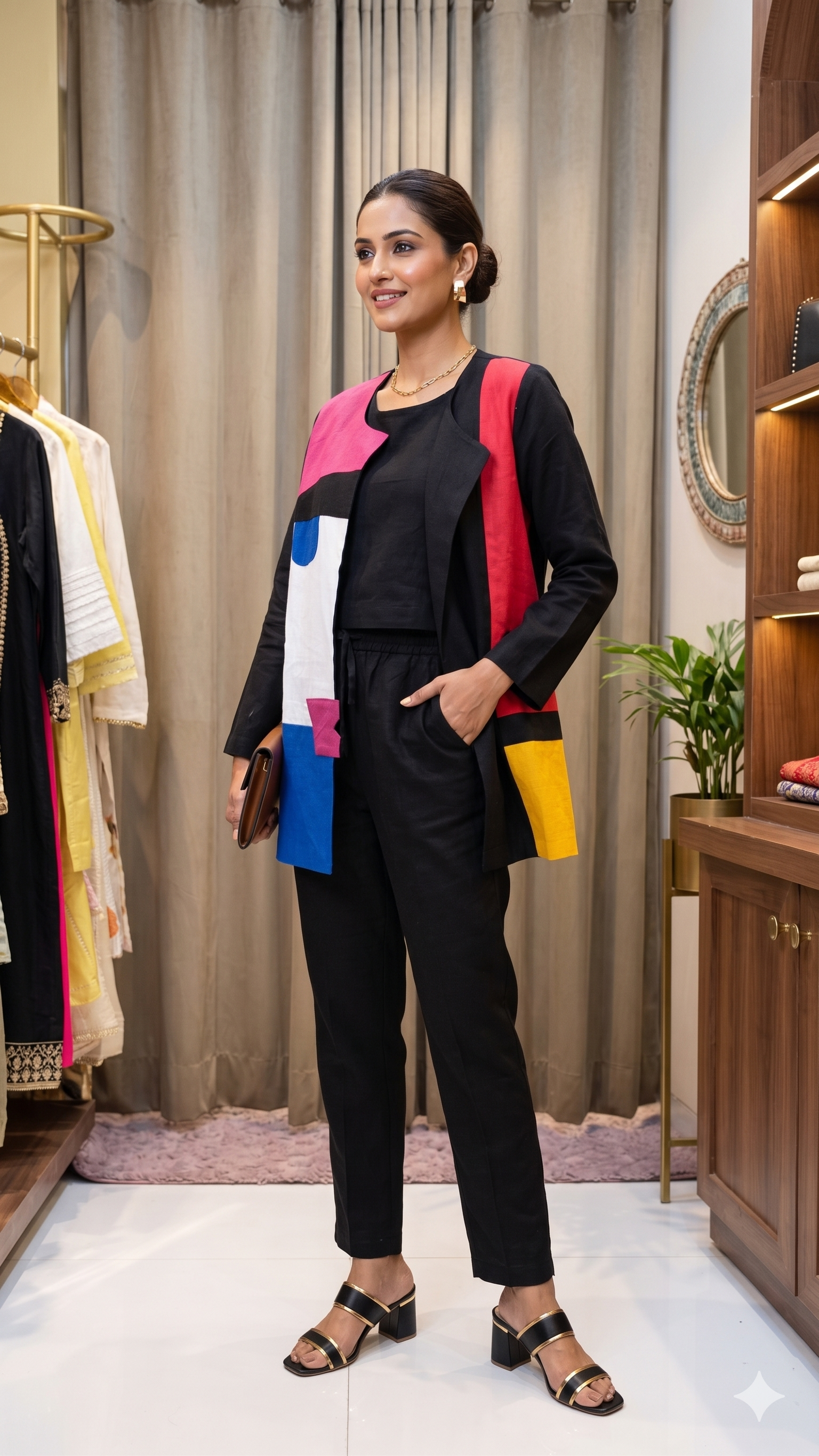 Multi Color Half Faced Look Stylish Cotton Co-Ord Set With Buster & Jacket