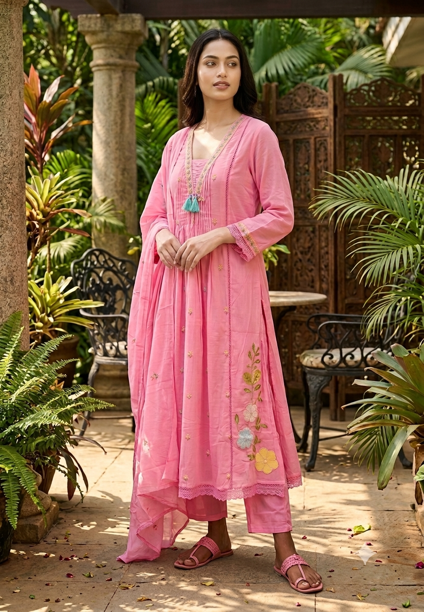 Pastel Shade Cute Floral Thread Embroidered Pleated Mul Cotton A-Line Full Suit Set with Dupatta- 16674
