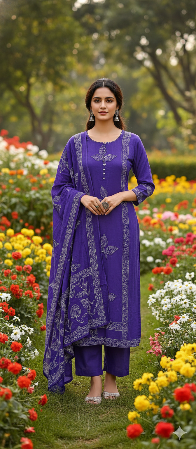 Vibrant Tone Dotted Printed Full Suit Set With Dupatta In Cotton Fabric- 13283