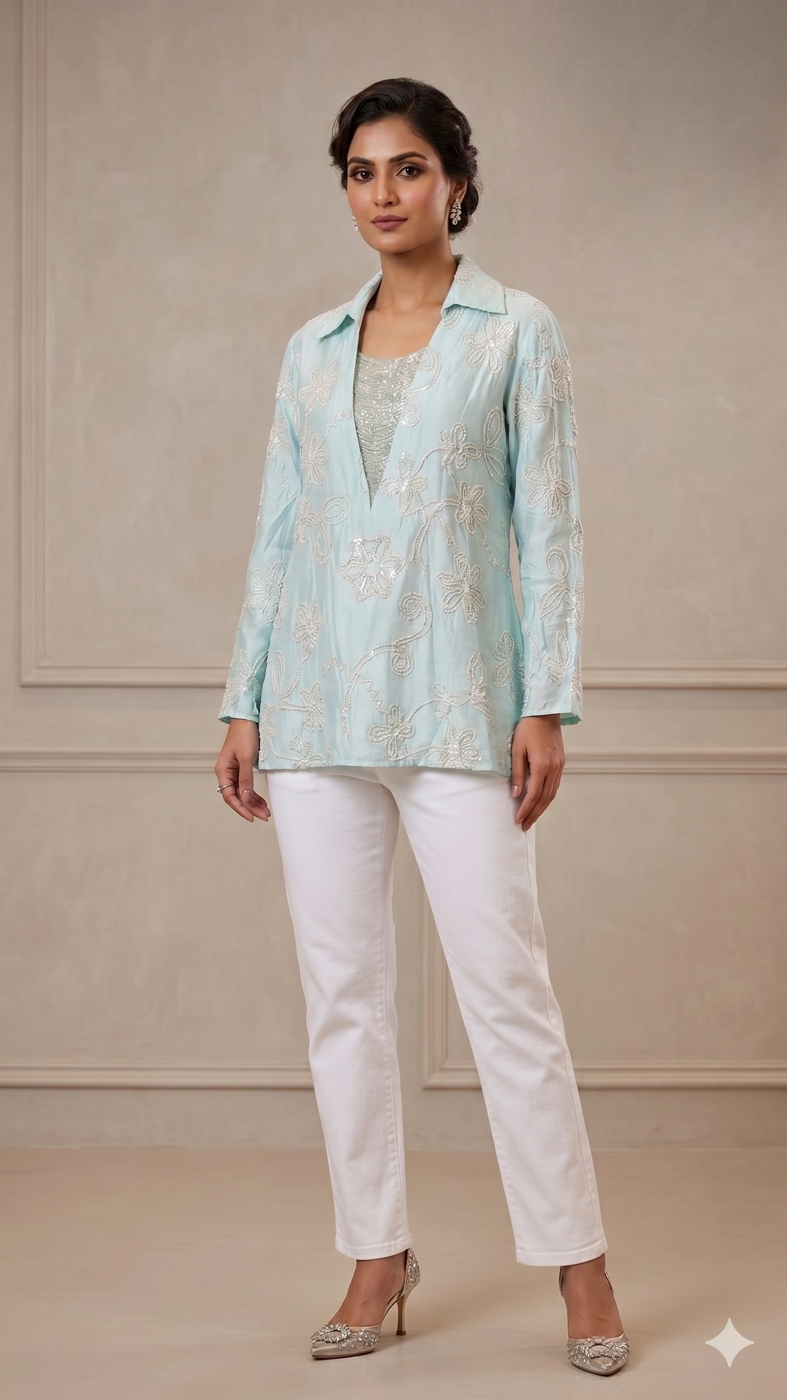 Imported Butter Sheer Embroidered Jewel Stone Hangs Premium Western Tops- 14764