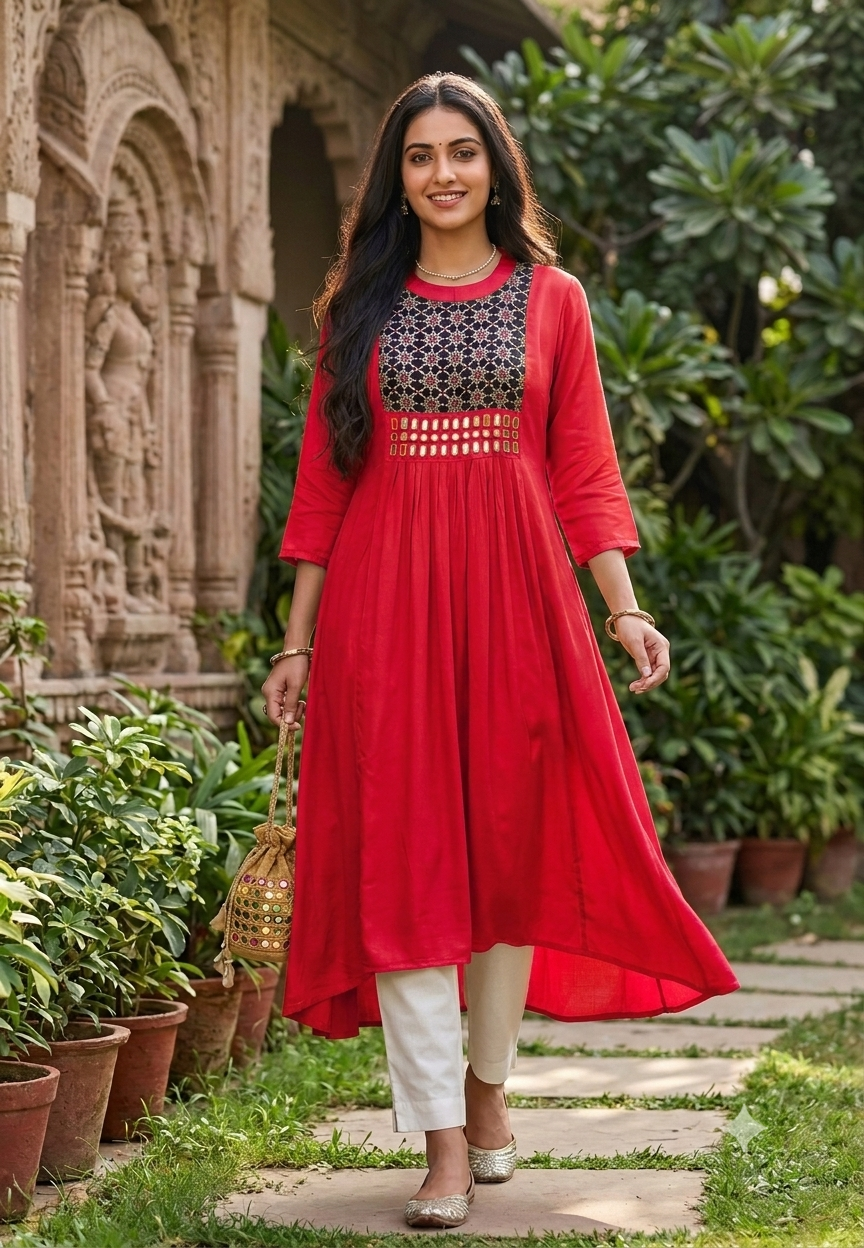 Stylish Modal Satin Kalamkari Patch Yoke With Real Mirror Work Ankle Length Frock Only-16652