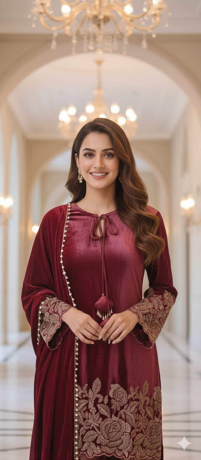 Cut-Dana Embellished Velvet Kurta With Heavy Brocade Bottom & Pearl Tasseled Dupatta- 12453