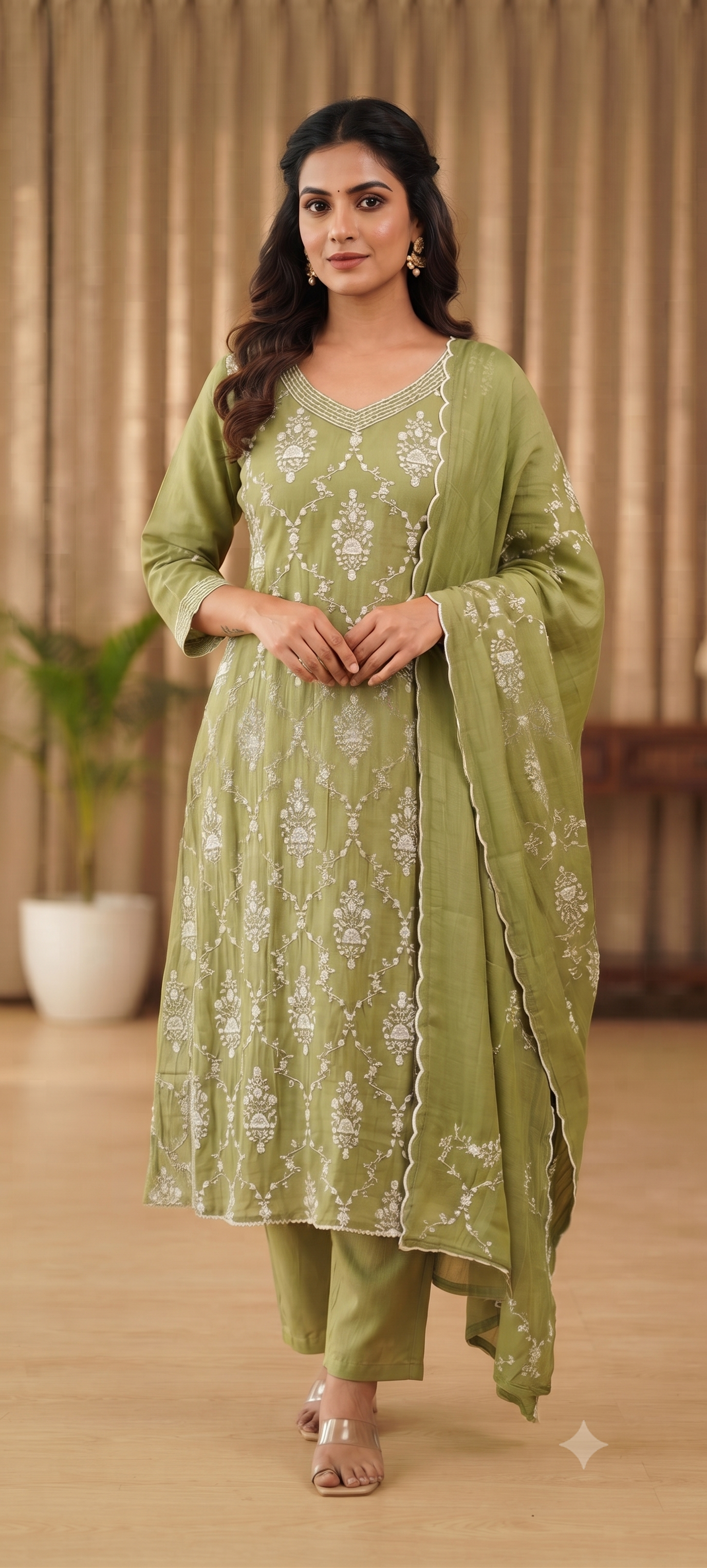 Patterned Thread Embroidery Foil Touch Neckline Surat Mul Chanderi Straight Full Suit Set With Dupatta- 15296