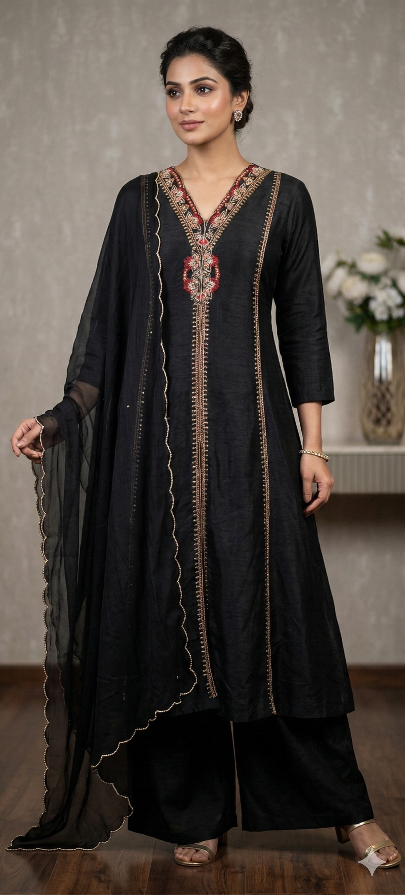 Designer Dola Silk A-Line Kurta–Palazzo Set With Front Slit Featuring Detailed Hand Embroidery and Dupatta DRYWASH-12583