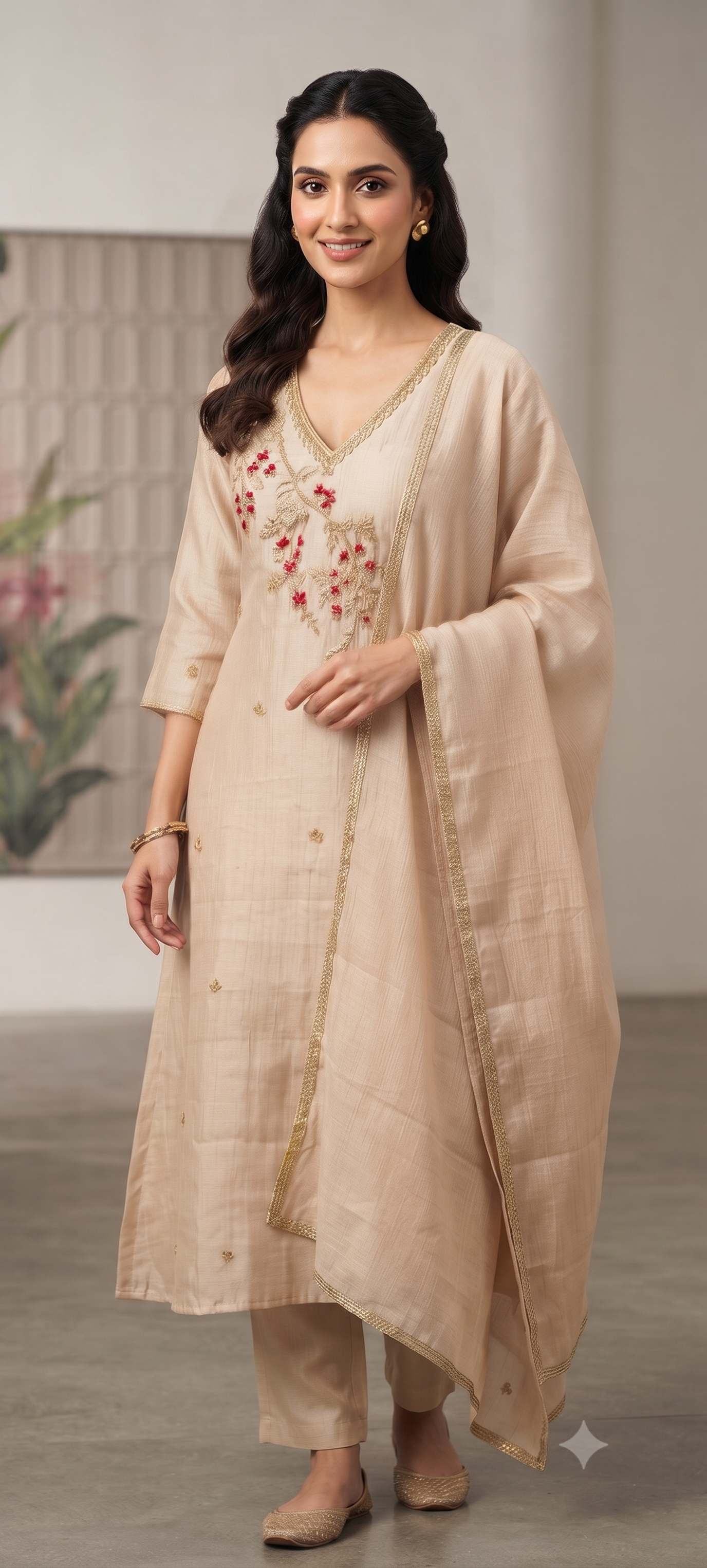 Elegant Zardosi Cut-Dana Embroidery Work A-Line Surat Mul-Chanderi Full Suit Set With Dupatta- 15297