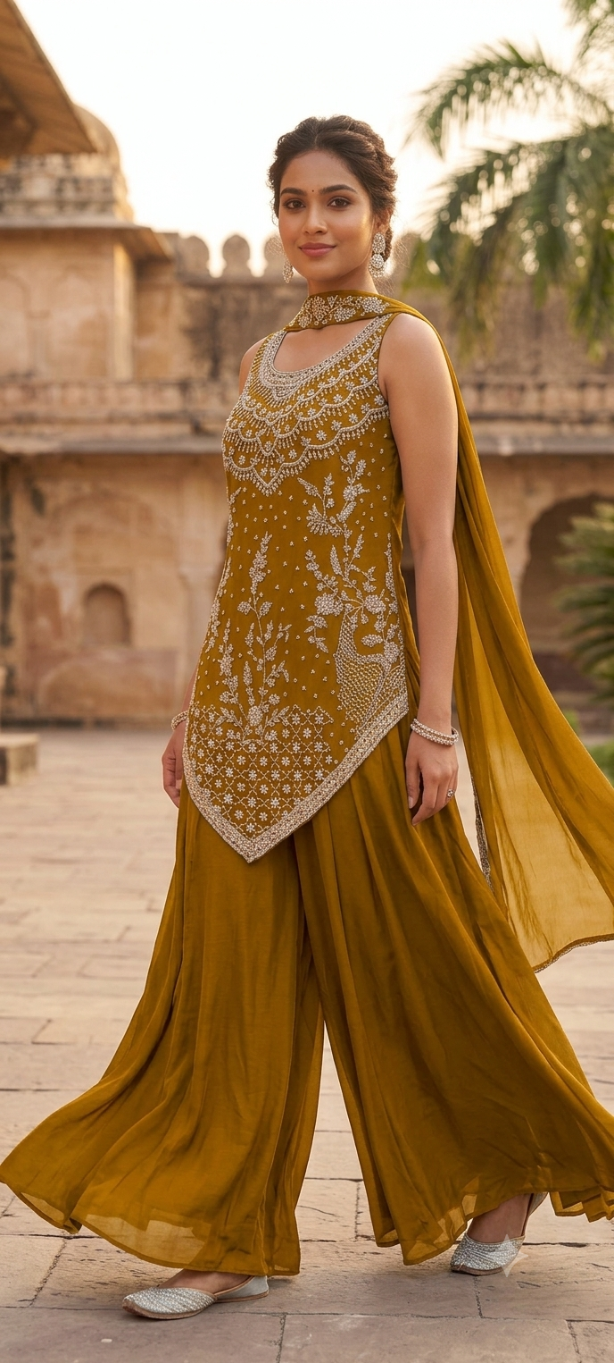 Hand-Embroidered Asymmetric Scalloped Kurta with Flared Palazzo Bottom & Chowker Dupatta Set- 16819