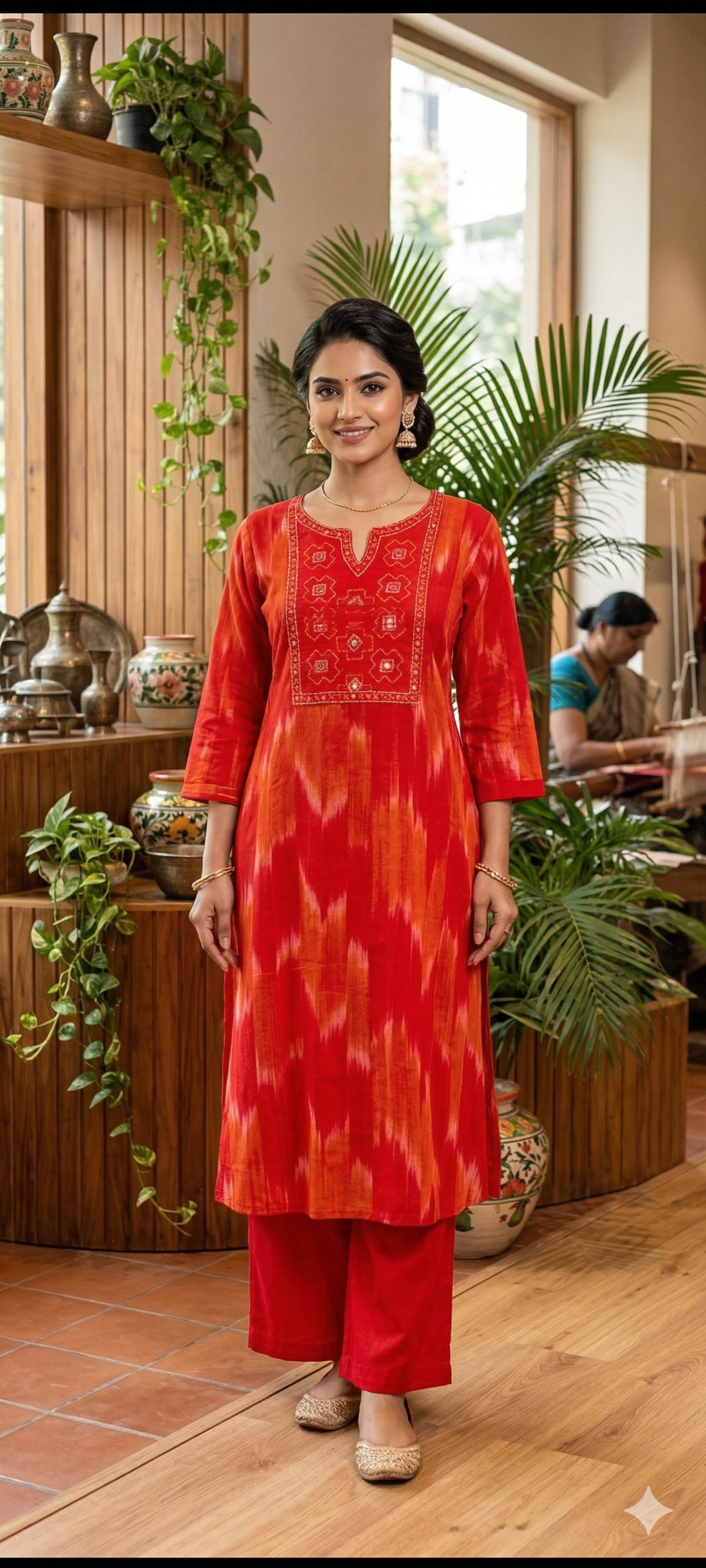 Ikkat Inspired Summer Wear Cotton Kurta Pant Set With Mirror Touch In Yoke RB111-14032