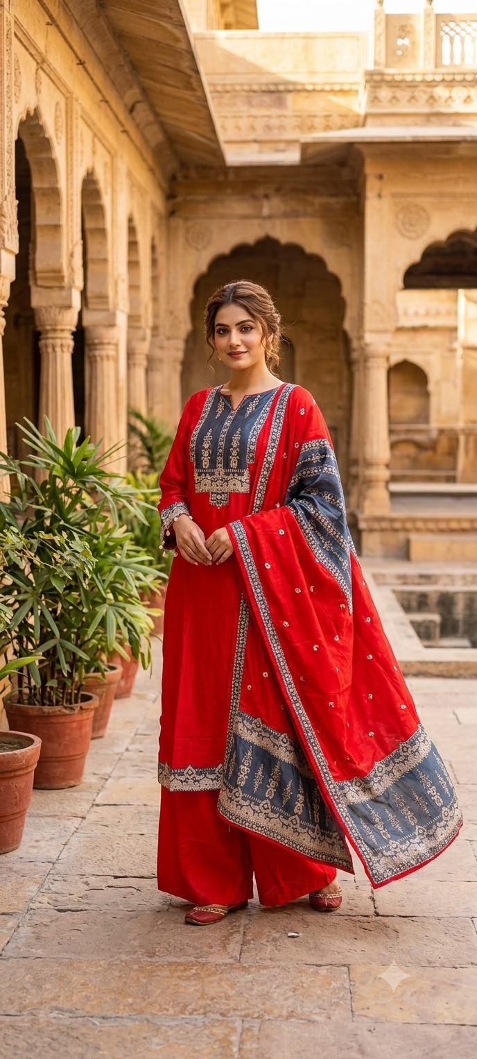 Kodi Accent Mirror Work Intricate Embroidery Printed Full Suit Set With Dupatta- 15678