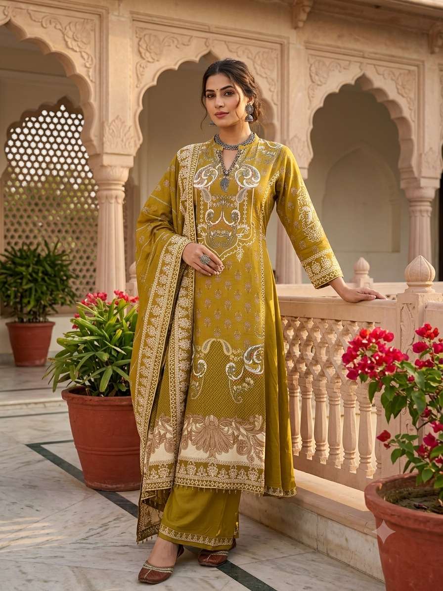 Stylish Lawn Print A-Line Flared Russian Silk Full Suit Set With Dupatta
