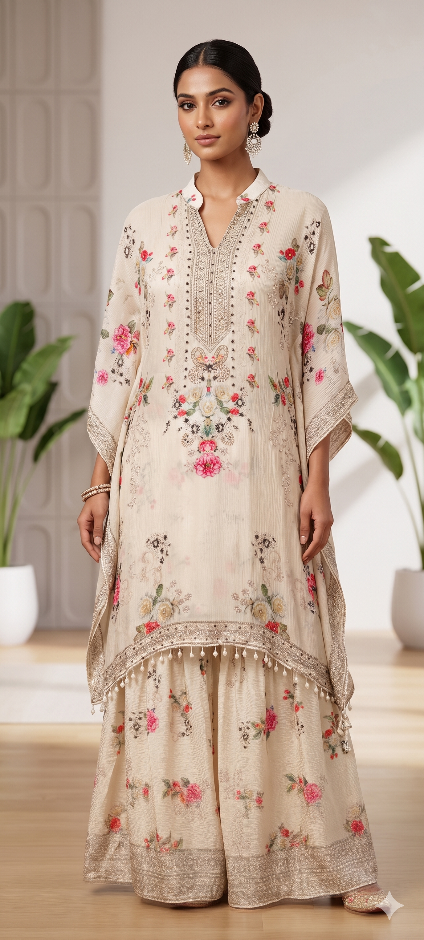 Ethereal Light Ivory Delicate Floral Prints & Neck Detailing Kaftan Sharara Set- 14933