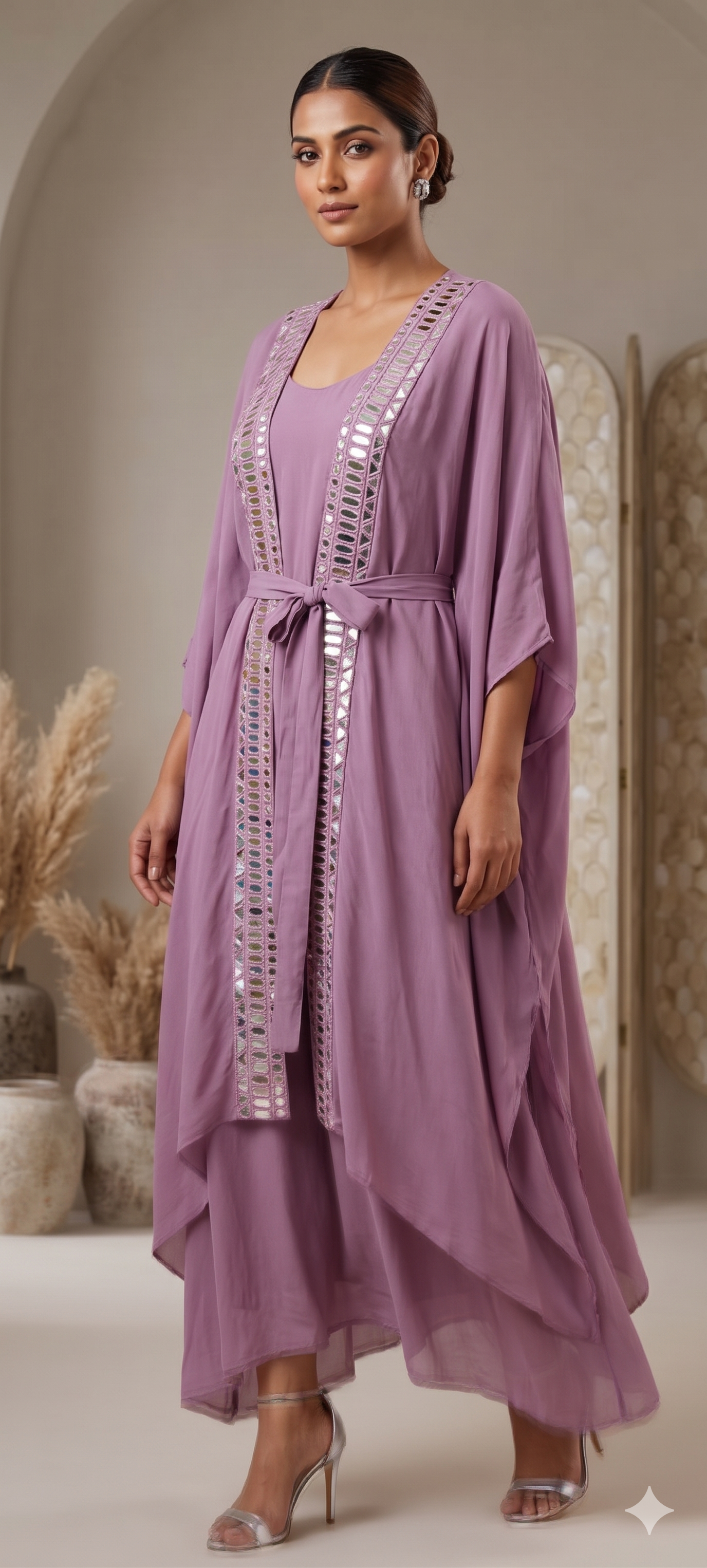 Kaftan Look Real Mirror Elegance Knotted Outer & Inner Gown Style Indo Wear- 15010