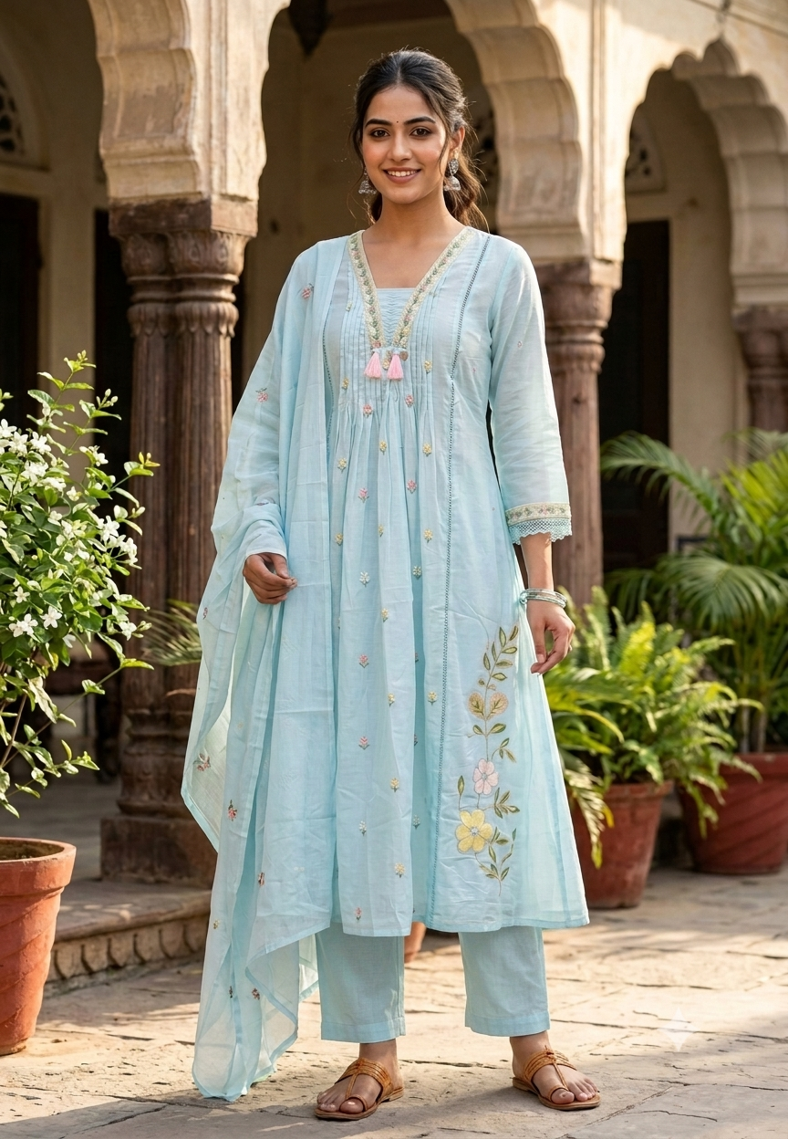 Pastel Shade Cute Floral Thread Embroidered Pleated Mul Cotton A-Line Full Suit Set with Dupatta- 16674