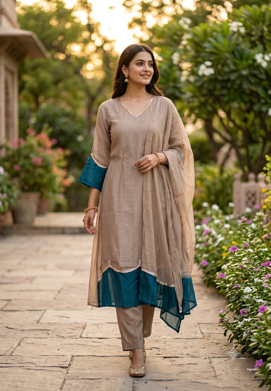 Surat Mulchanderi Solid Shade Contrast embroidered Patch Work Aline Full Suit Set 16772