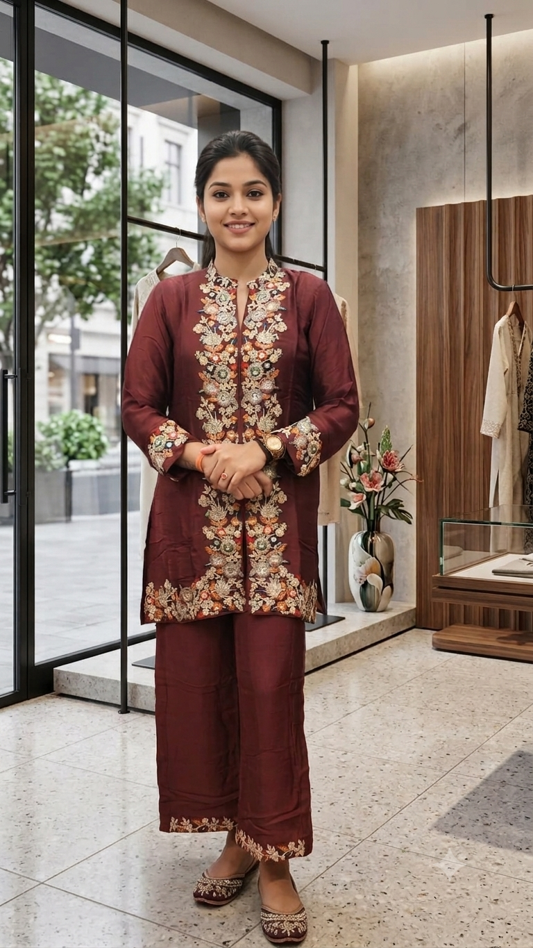 Bhomeian Bold Shade Intricate Embroidery Vibrant Chinon Co-Ord Set- 15243