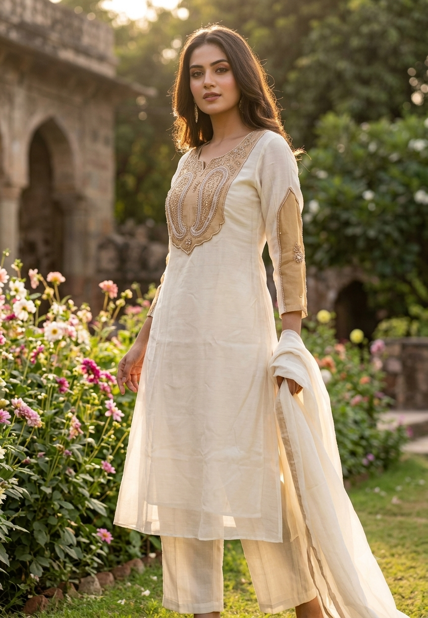 Graceful Mulchanderi with Detailed Golden Ethnic Embroidery Patch Yoke Aline Full Suit Set 16770