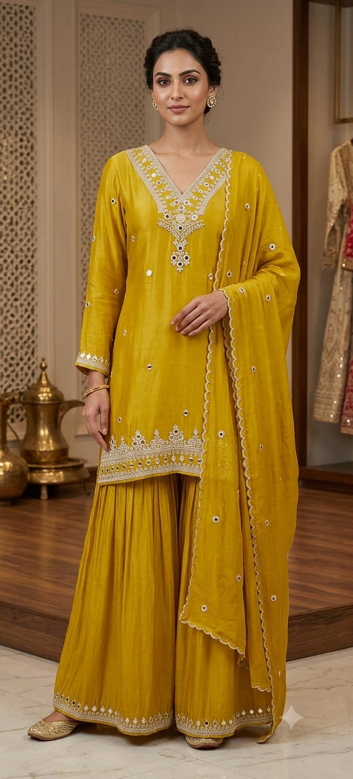 Foil Mirror Intricate Thread Embroidery Chinon Palazzo Full Suit Set With Dupatta
