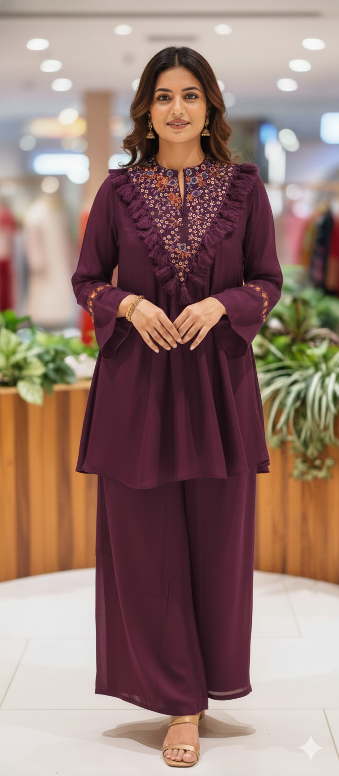 Stylish V-Yoke Boho Thread Look Indo Wear Kurta With Solid Bottom- 13551 RB212