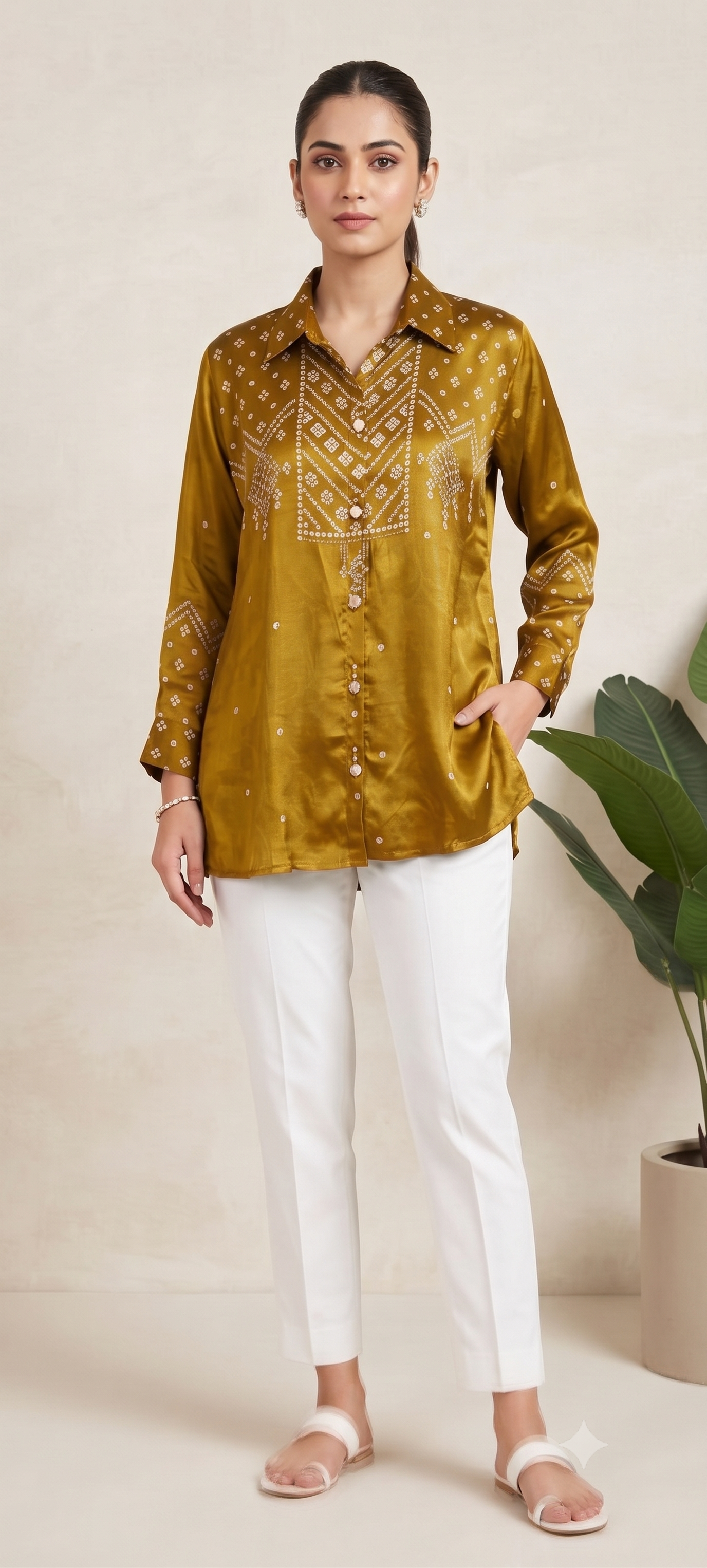 Pure Crepe Collared Bandhani Print Casual Wear Shirt- 14511