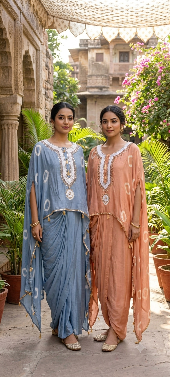 Shibori Print Embellished Kaftan Style Cape Top and Draped Dhoti Skirt Fusion Modal Satin Indo Wear- 15014