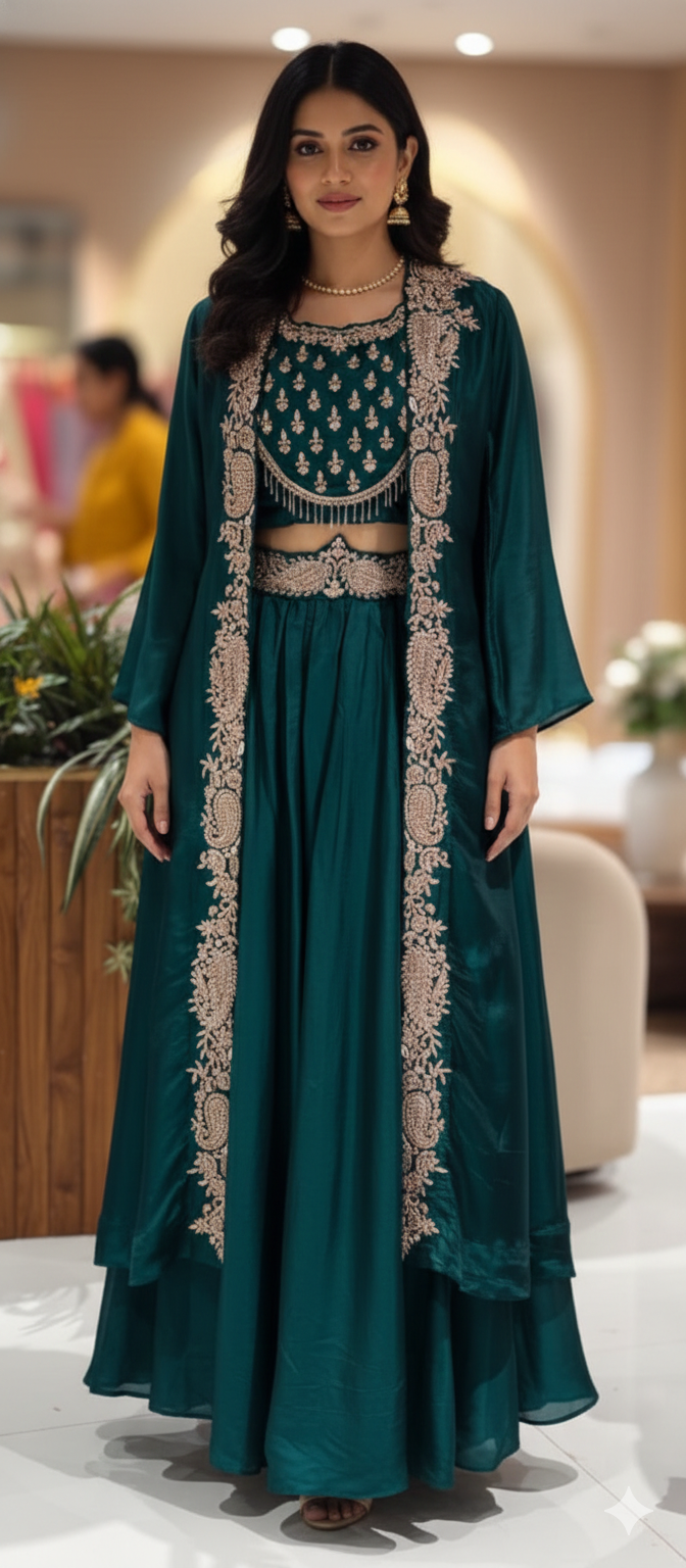 Very Festive Hand Embellished Heavy Work Buster With Shrug & Flowy Drape Skirt- 13383