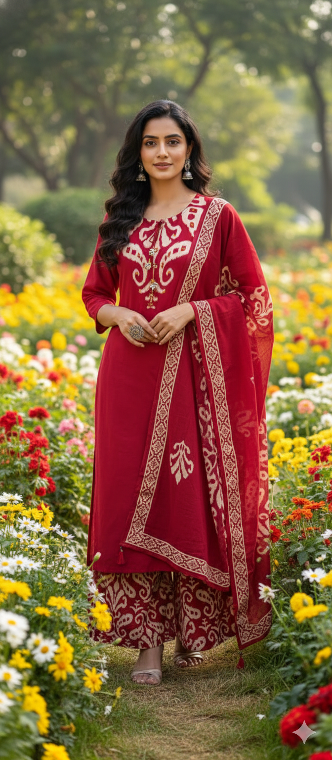 Ikkat Elegance Solid Bold Shade Cotton Full Suit Set With Dupatta- 13406