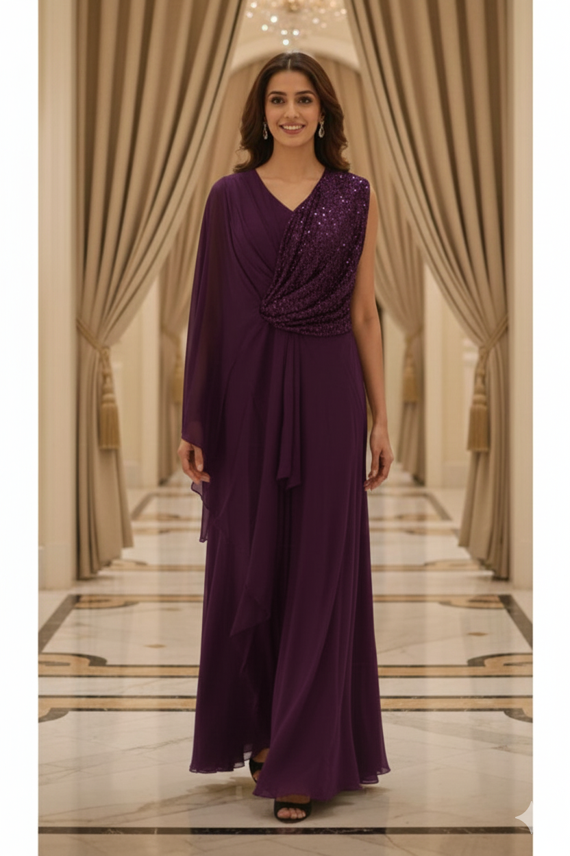 Cowl Style Sequin Ruffled Double Layer Solid Gown In Chinon Fabric (Separate Sleeve Inside)- 12413