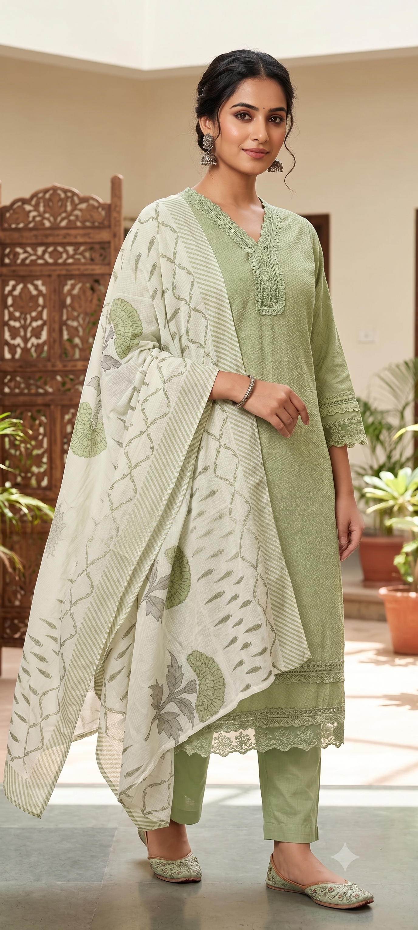 Elegant Straight Graceful Cotton Full Suit Set with Printed Dupatta & Lace Detailing- 14833 RB490
