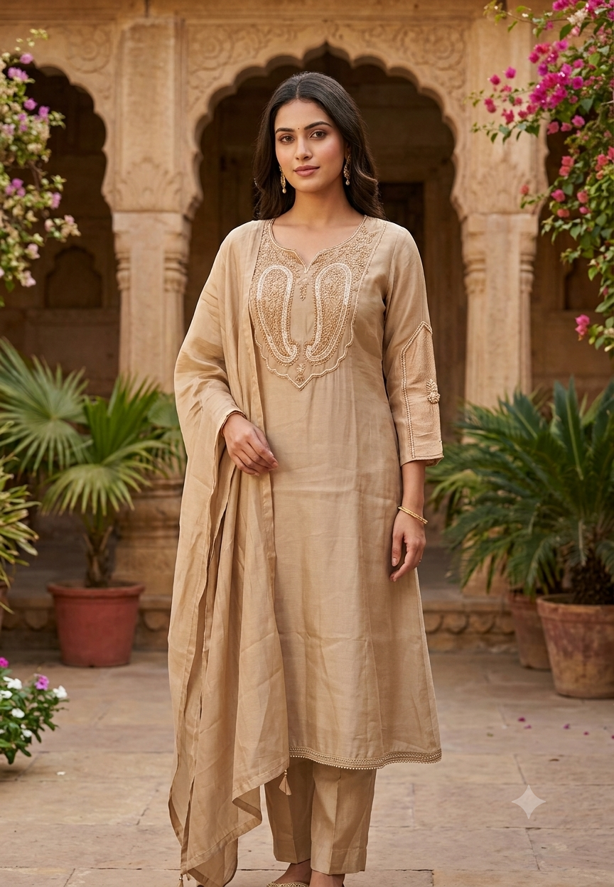 Graceful Mulchanderi with Detailed Golden Ethnic Embroidery Patch Yoke Aline Full Suit Set 16770