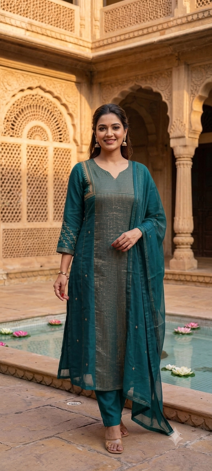 Banarasi Mul Chanderi Golden Striped Zardosi Embroidered A-Line Full Suit Set With Matching Dupatta- 15803 Dispatching After 15 Days