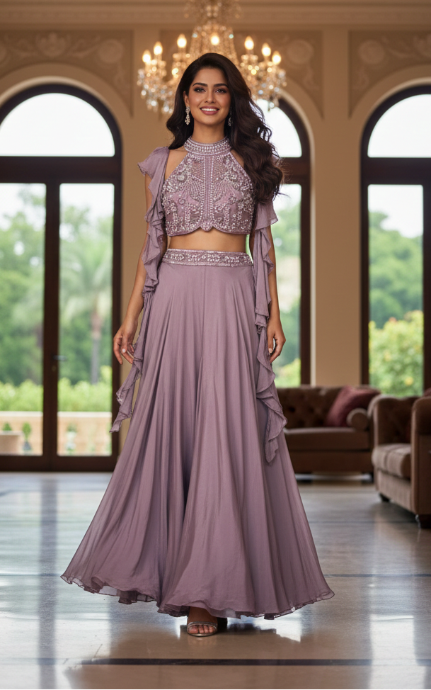 Pearl Elegance Glamorous High Neck Crop Top With Flared Skirt & Ruffle Dupatta- 11153