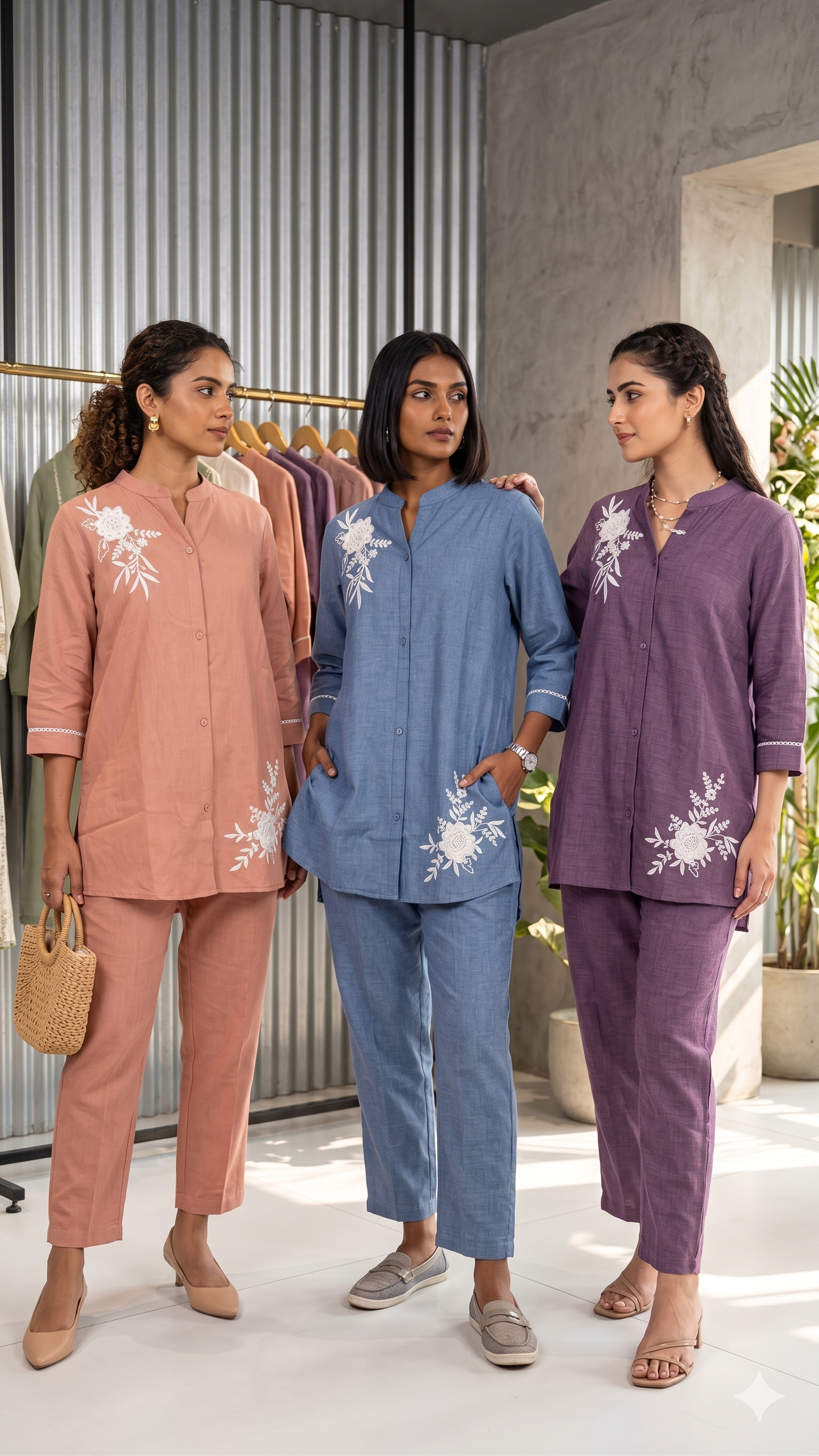 Suttle Floral Embroidery Smart Casual Look Solid Cotton Co-Ord Set- 14734