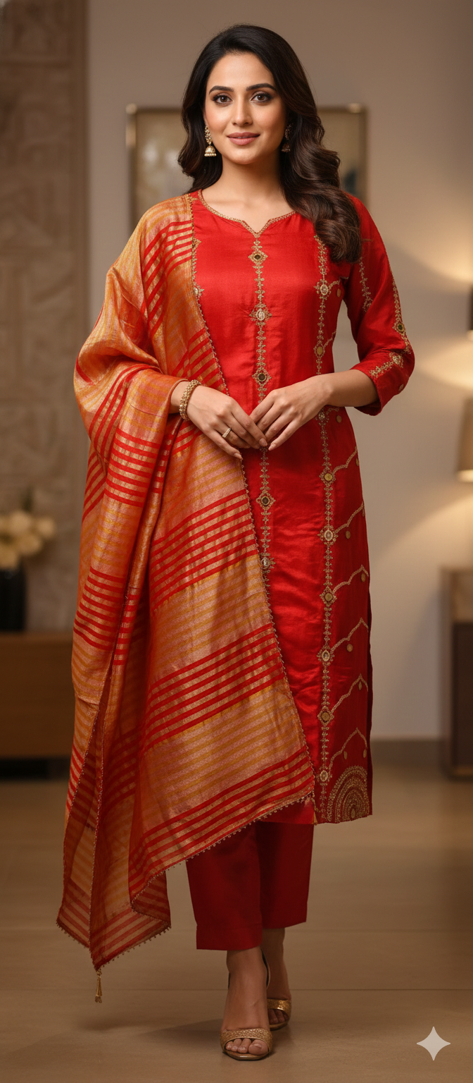 Royal Look Grand Handwork Silk Full Suit Set With Tissue Striped Dupatta- 13447
