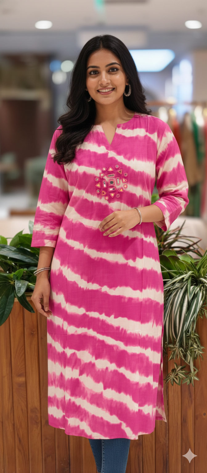 Real Mirror Embroidery Upwork Yoke Striking Striped Twin Color Cotton Kurti Only- 113524