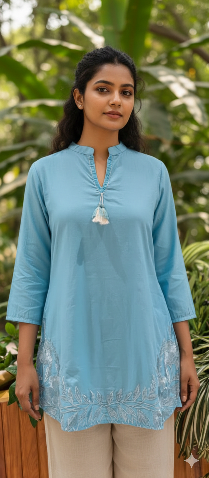 Serene Embroidered Mist Bloom Casual Wear Cotton Short Kurti Only- 13453