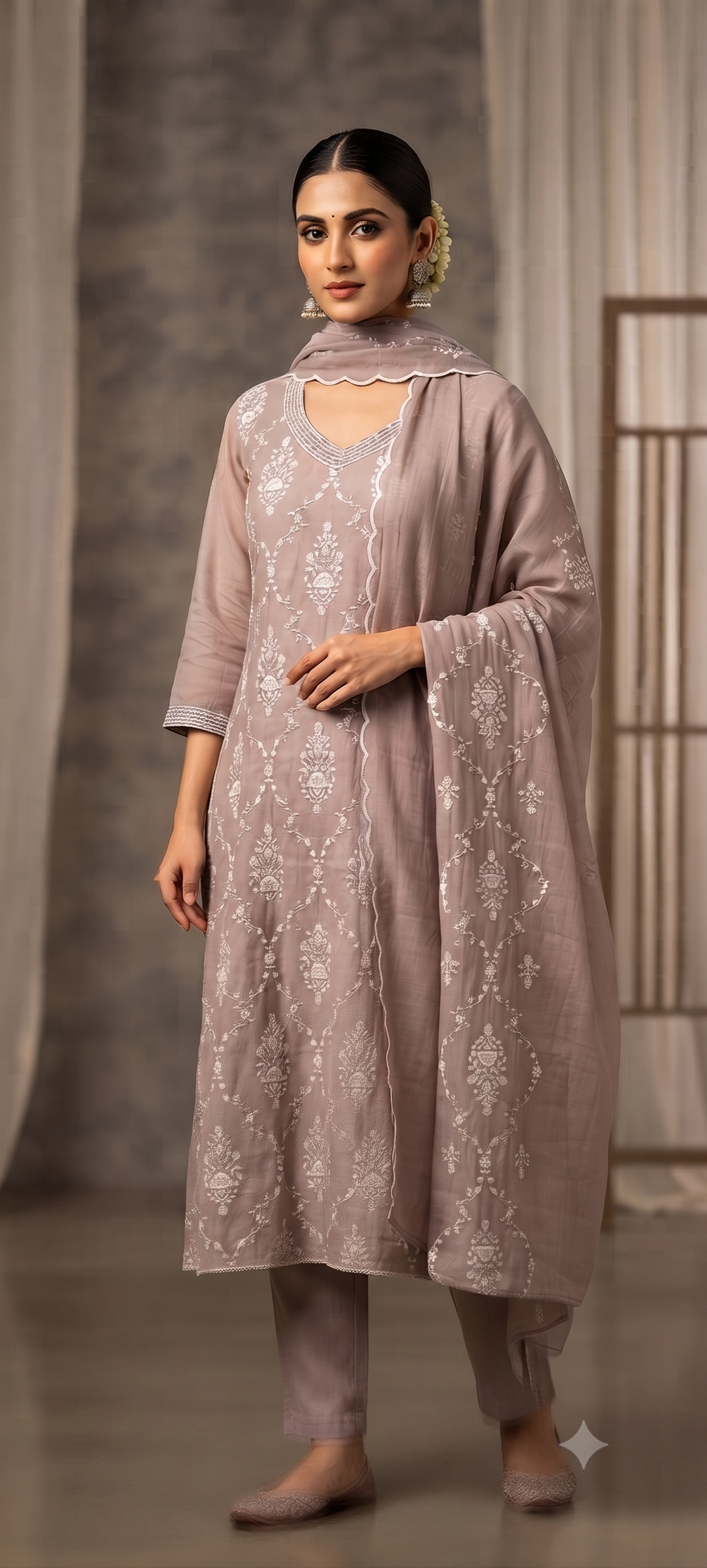 Patterned Thread Embroidery Foil Touch Neckline Surat Mul Chanderi Straight Full Suit Set With Dupatta- 15296