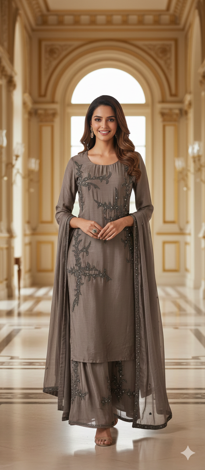 Designer Chinon Fabric Kurta–Palazzo Ensemble Adorned with Intricate Hand Embroidery & Beadwork With Dupatta DRY WASH