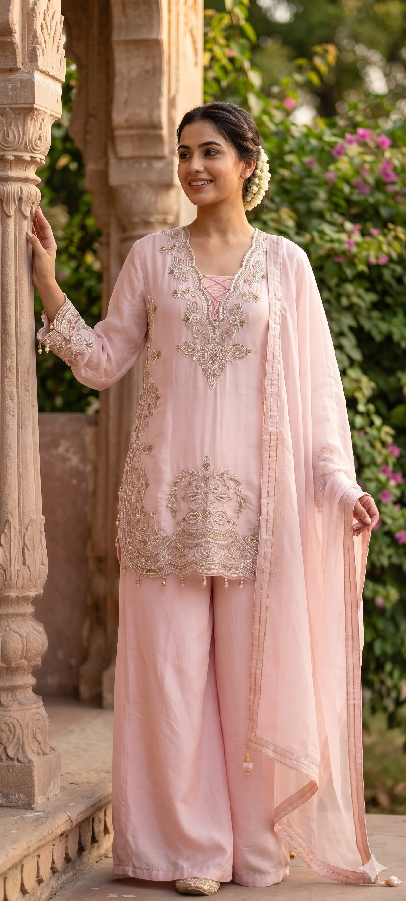 Luxury Designer Embroidered Pakistani Style Kurta Palazzo Set with Dupatta-14887