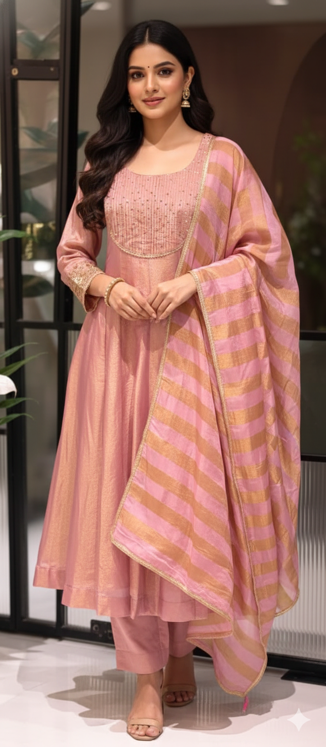 Very Elegant Sequin Pleated U-Yoke & Sleeve Panel Tissue Anarkali Full Suit Set With Dupatta- 13607